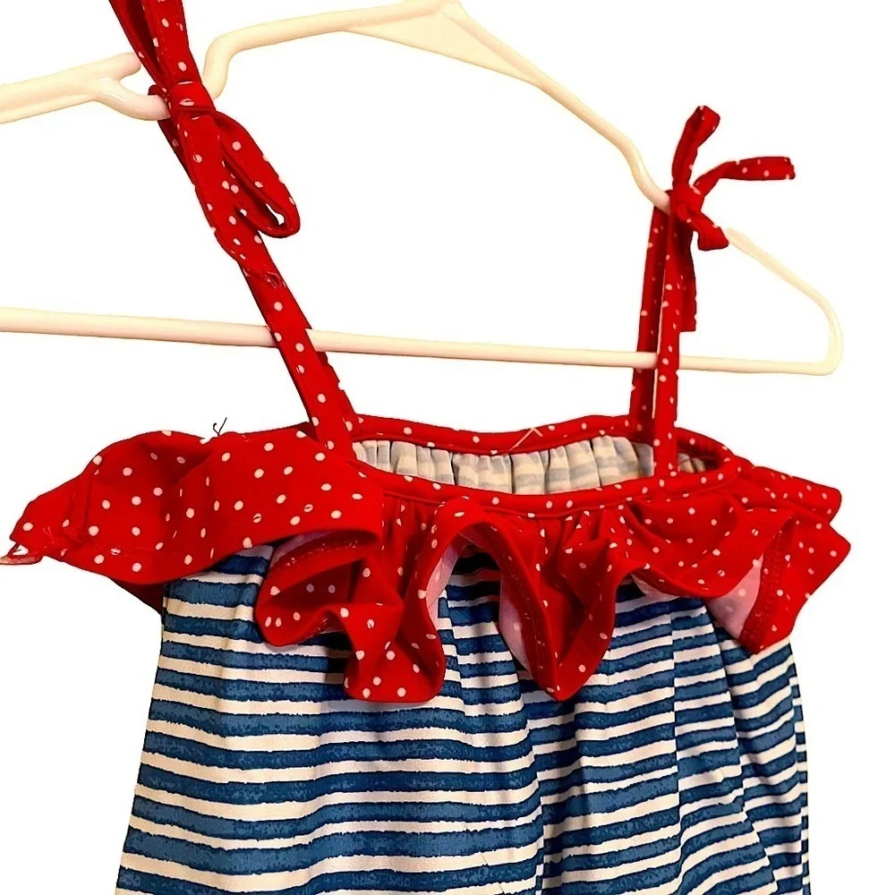 Mud Pie Blue and White Striped Crab Motif Spaghetti Strap Swimsuit Size 5T